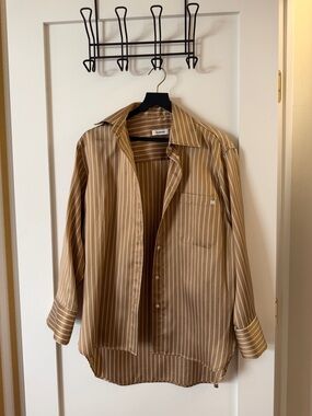 Sandro Oversized Striped Satin Button-Up Shirt in Camel/Tan